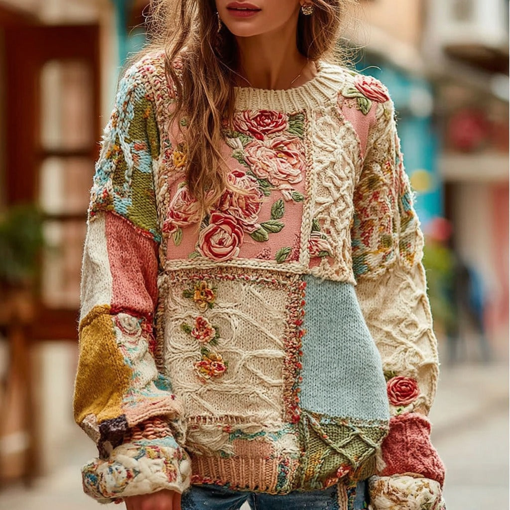 Women's Vintage Chunky Needle Rose Floral Stitching Warm Crew Neck Sweater artswardrobe