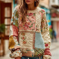 Women's Vintage Chunky Needle Rose Floral Stitching Warm Crew Neck Sweater elevenforest