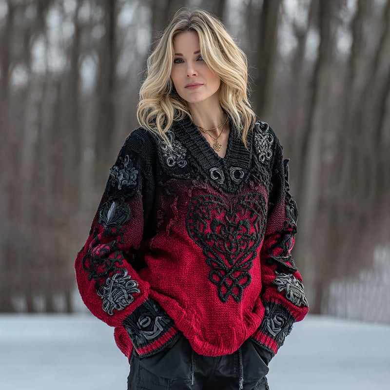 Women's Vintage Heart Art V Neck Cozy Knit Sweater elevenforest
