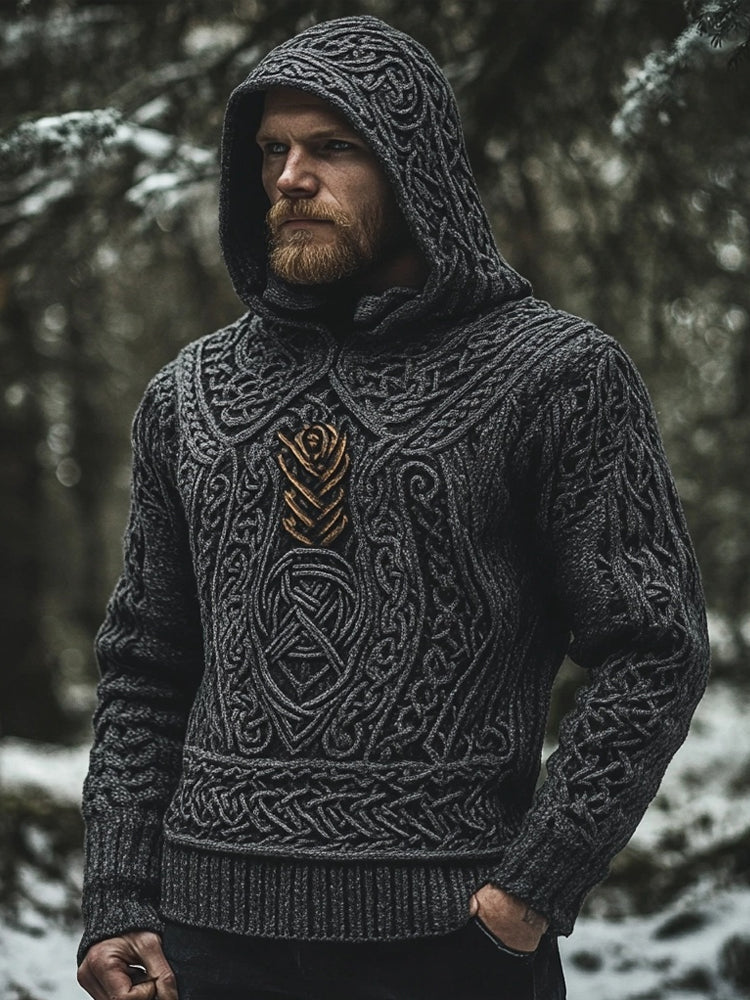 Men's Vintage Viking Inspired Celtic Jacquard Hooded Sweater elevenforest