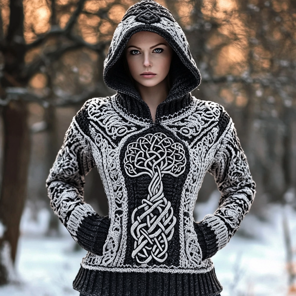 Women's Viking Tree Style Celtic Knit Warm Hooded Sweater elevenforest