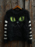 Halloween Fuzzy Black Cat Striped Cozy Knit Sweater elevenforest