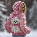 Cute Maltese Dog And Floral Knitted Jacquard Hooded Sweater artswardrobe