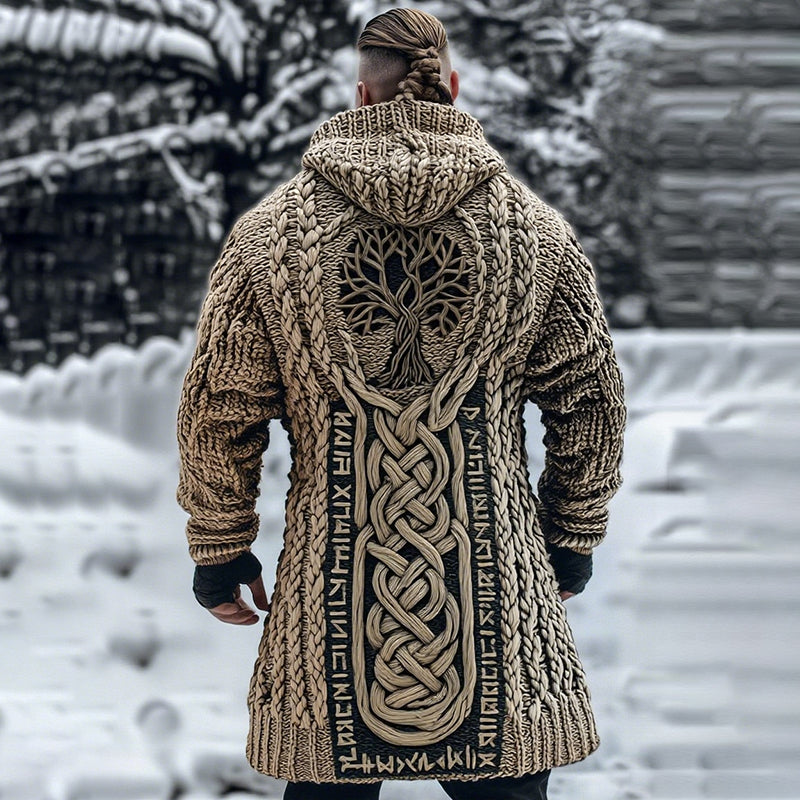 Men's Viking Tribal Jacquard Celtic With Tree Of Life Inspired Chunky Knit Zipped Hooded Sweater artswardrobe