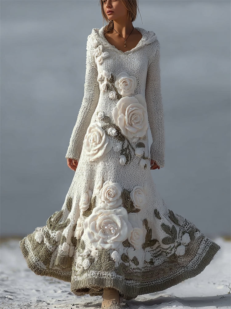 Vintage White Roses Cozy Hooded Maxi Sweater Dress