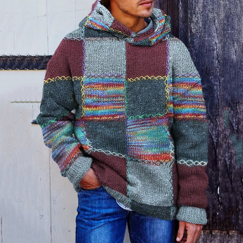 Men's Vintage Patchwork Cozy Hooded Sweater artswardrobe