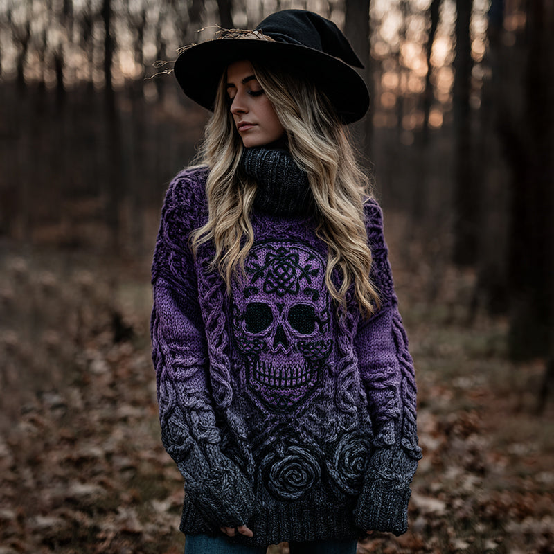 Women's Viking Tribal Jacquard Celtic With Rose And Skull Inspired Chunky Knit Hooded Sweater artswardrobe