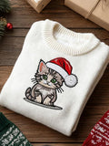 Christmas Cat Round Neck Sweater elevenforest