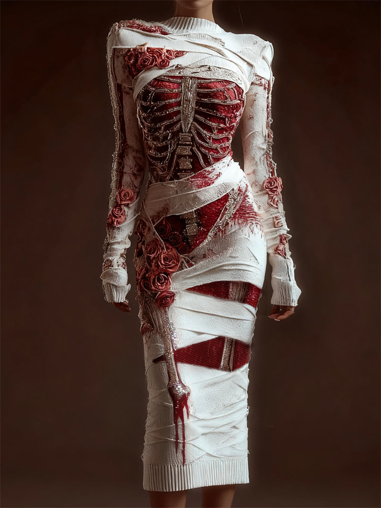 Comstylish Classy Skeleton Anatomy Bloody Roses Bandages Maxi Sweater Dress