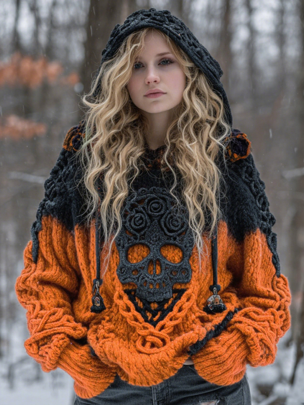 Women's Vintage Viking Tribal Celtic Skull Gradient Art Chunky Knit Hooded Sweater artswardrobe