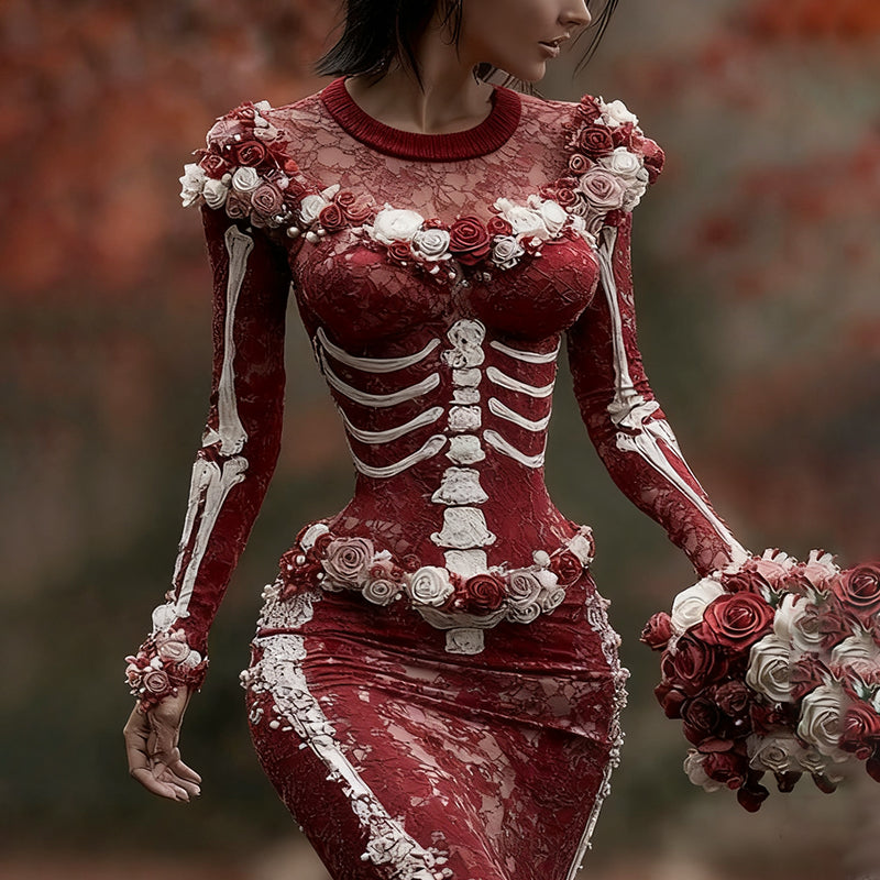 Comstylish Vintage Skeleton Anatomy Roses Art Crew Neck Sweater Dress