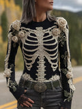 Comstylish Classy Skeleton Roses Embroidered Cozy Turtleneck Sweater