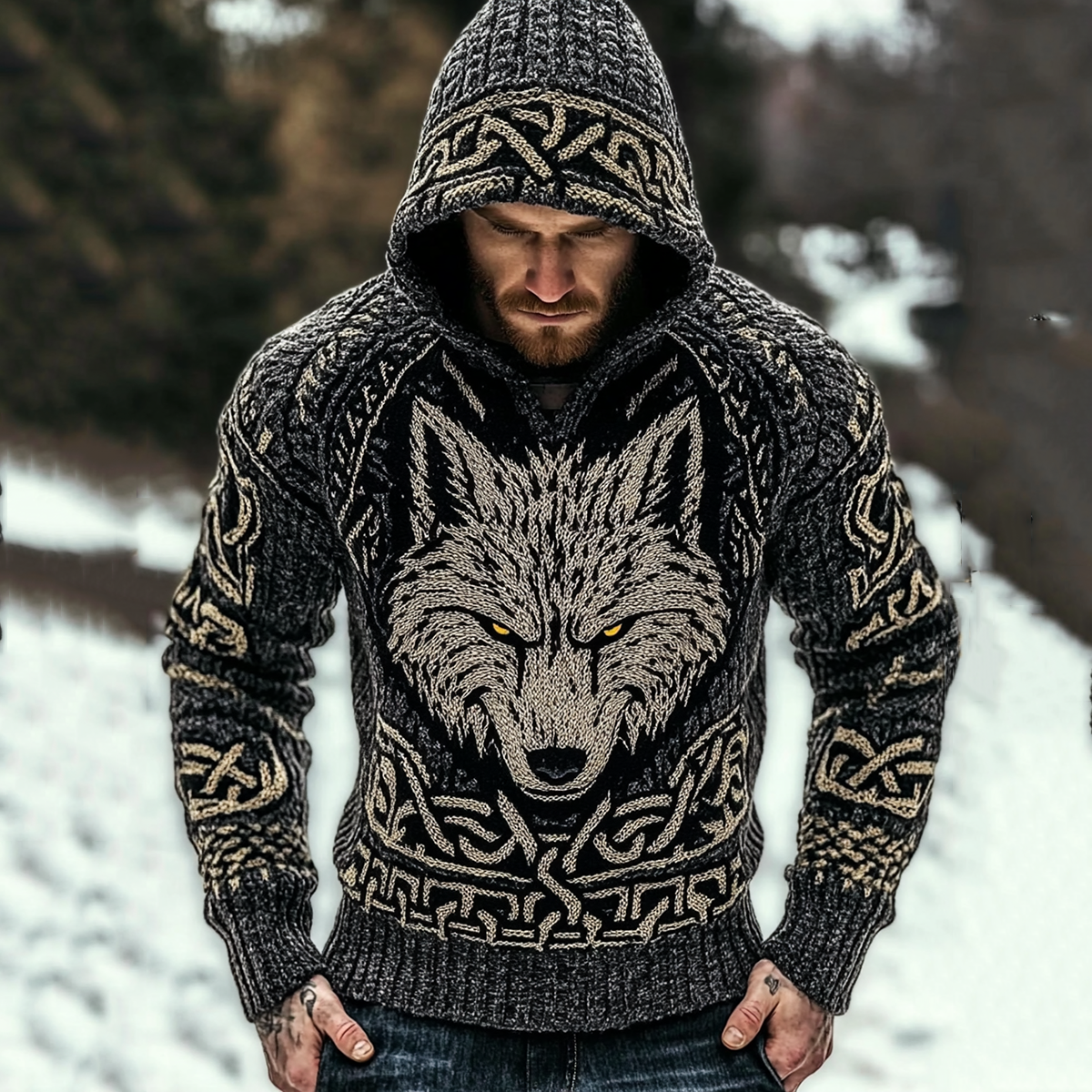 Men's Viking Pattern And Wolf Art Knit Hooded Sweater elevenforest