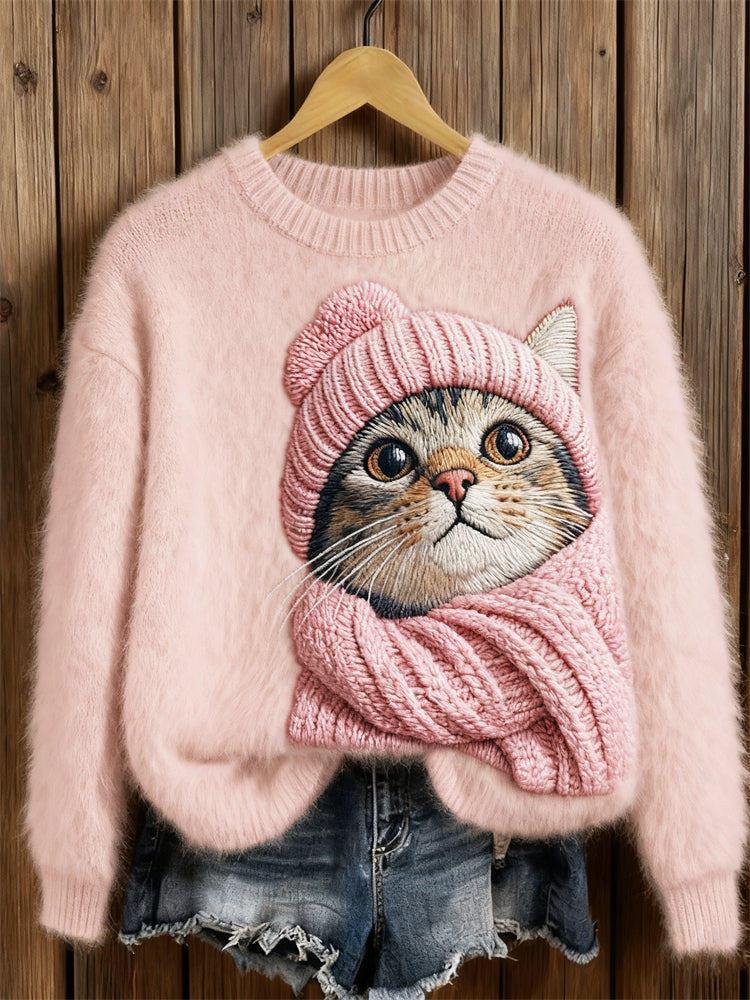 Comstylish Cozy Cat Embroidered Pink Knit Sweater