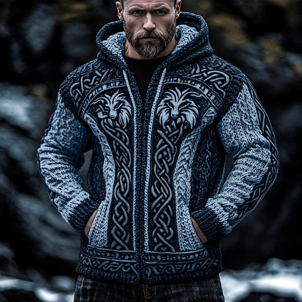 Men's Viking Wolf Style Celtic Thick Zip Hooded Sweater elevenforest