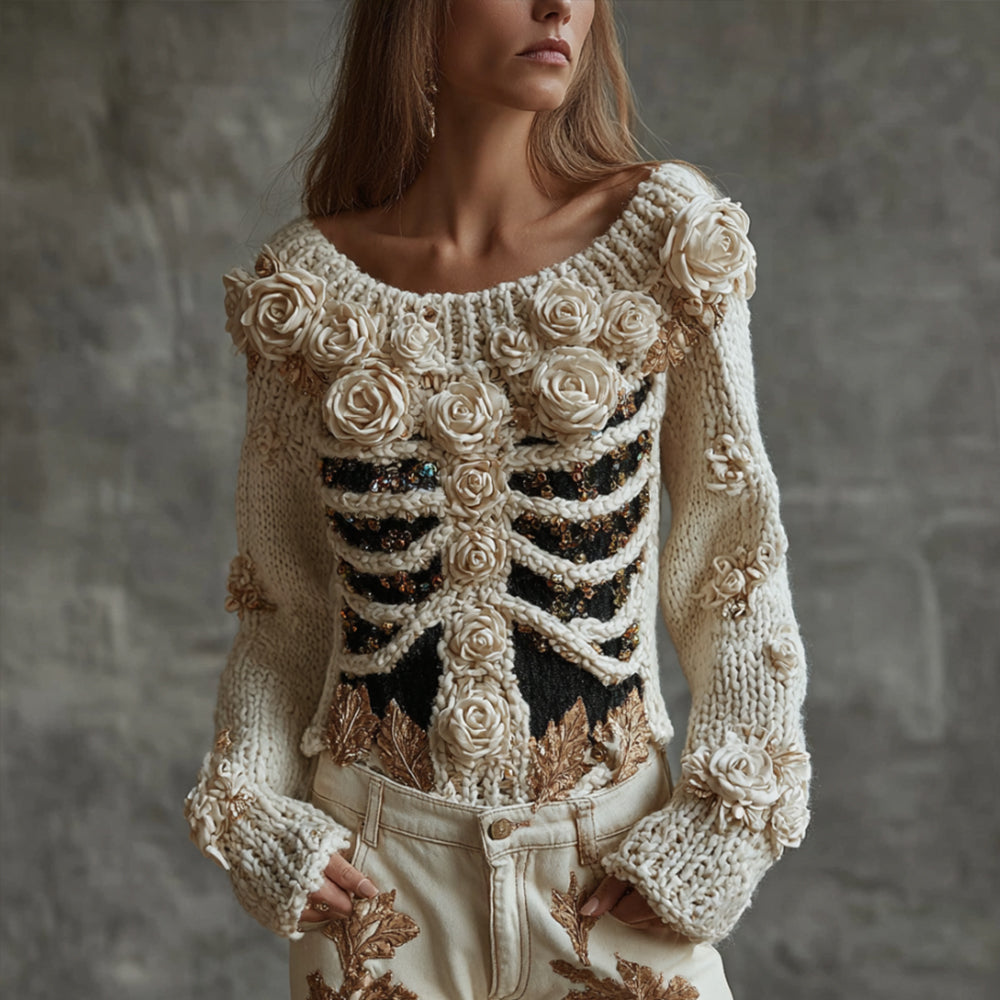Comstylish Women's Halloween Skeleton Rose Glitter Sweater