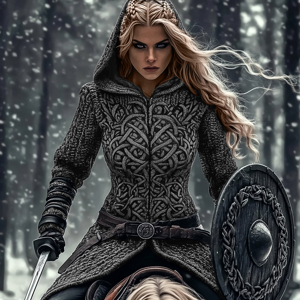 Women's Viking Tribal Jacquard Celtic Chunky Knit Zip-up Hooded Sweater artswardrobe