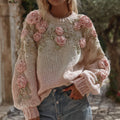 Women's Vintage Pink Rose Art Cozy Pullover Sweater artswardrobe