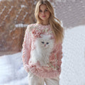 Women's Cute White Cat Rose Pattern Cozy Knit Pullover Sweater