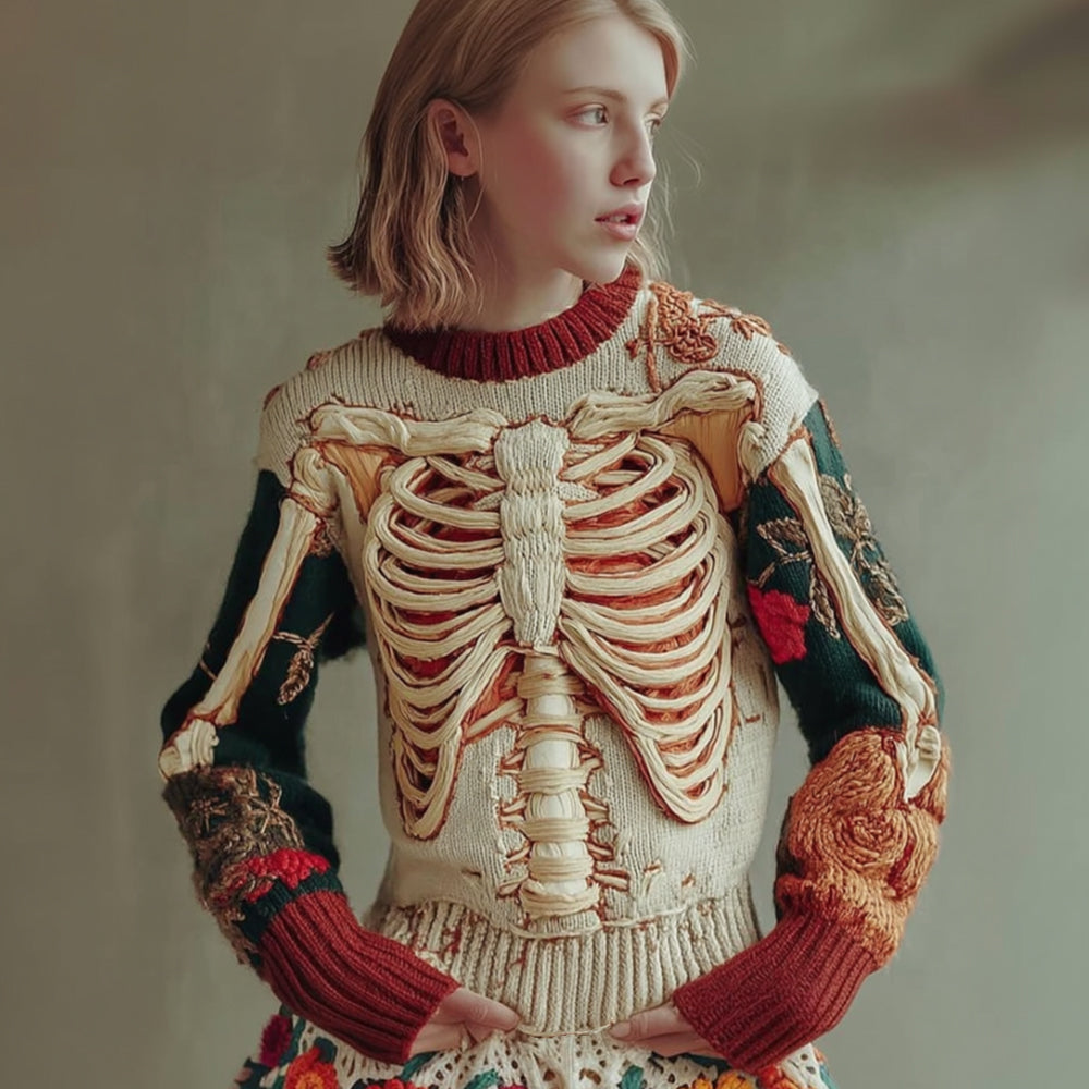 Comstylish Women's Halloween Skeleton And Flower Art Embroidery Color Blocked Round Neck Sweater