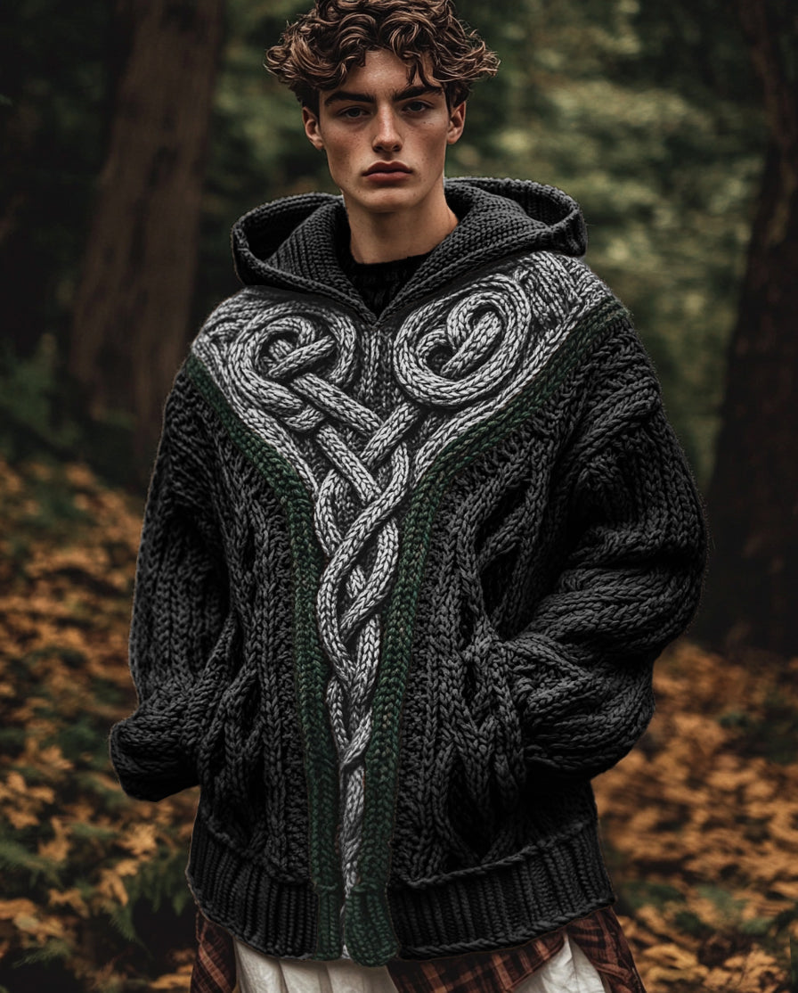Men's Vintage Irish Celtic Knot Jacquard Mottled Hooded Sweater artswardrobe