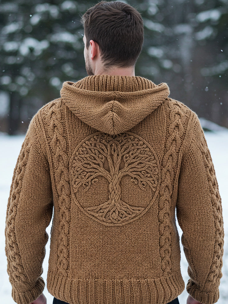 Men's Viking Tribal Tree Of Life Celtic Chunky Knit Hooded Sweater elevenforest