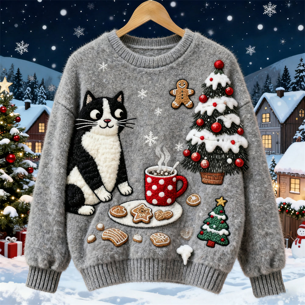 Christmas Cute Felt Cat Art Women's Knit Sweater elevenforest