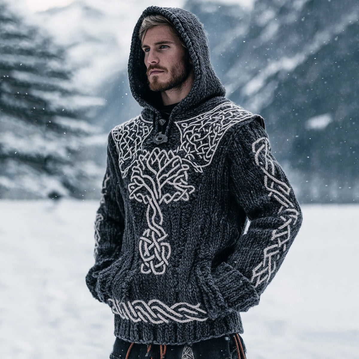 Men's Viking Tribal  Life Of Tree Inspired Knit Pocket Hooded Sweater artswardrobe