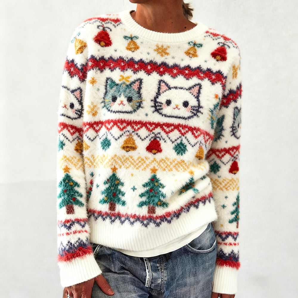 Comstylish Christmas Cat Tifany's Island Knitted Crew Neck Sweater
