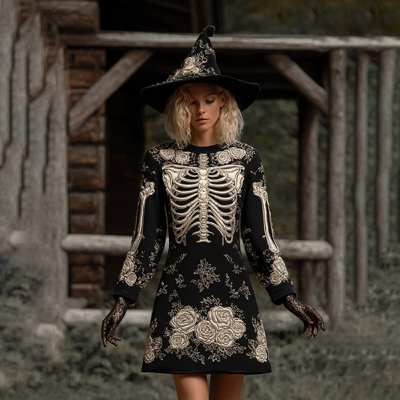 Comstylish Vintage Skull Rose Comfortable Witch Sweater Dress