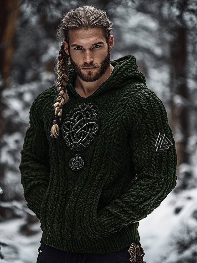 Men's Viking Tribal Jacquard Celtic Inspired Chunky Knit Hooded Sweater elevenforest