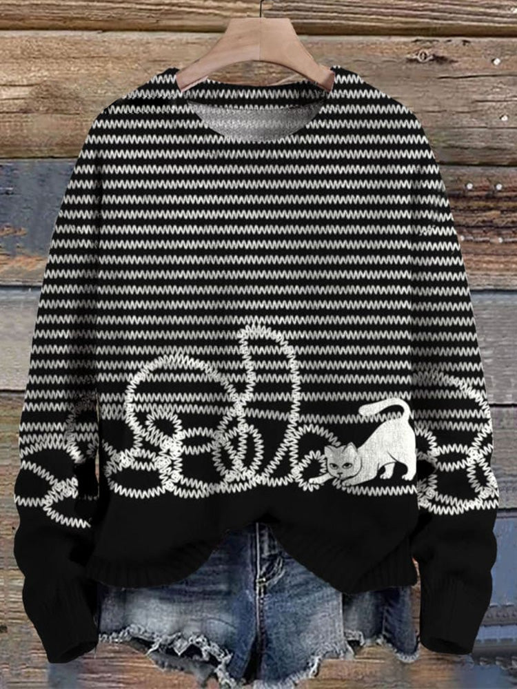 Japanese Art Cute Cat Print Knit Pullover Sweater elevenforest