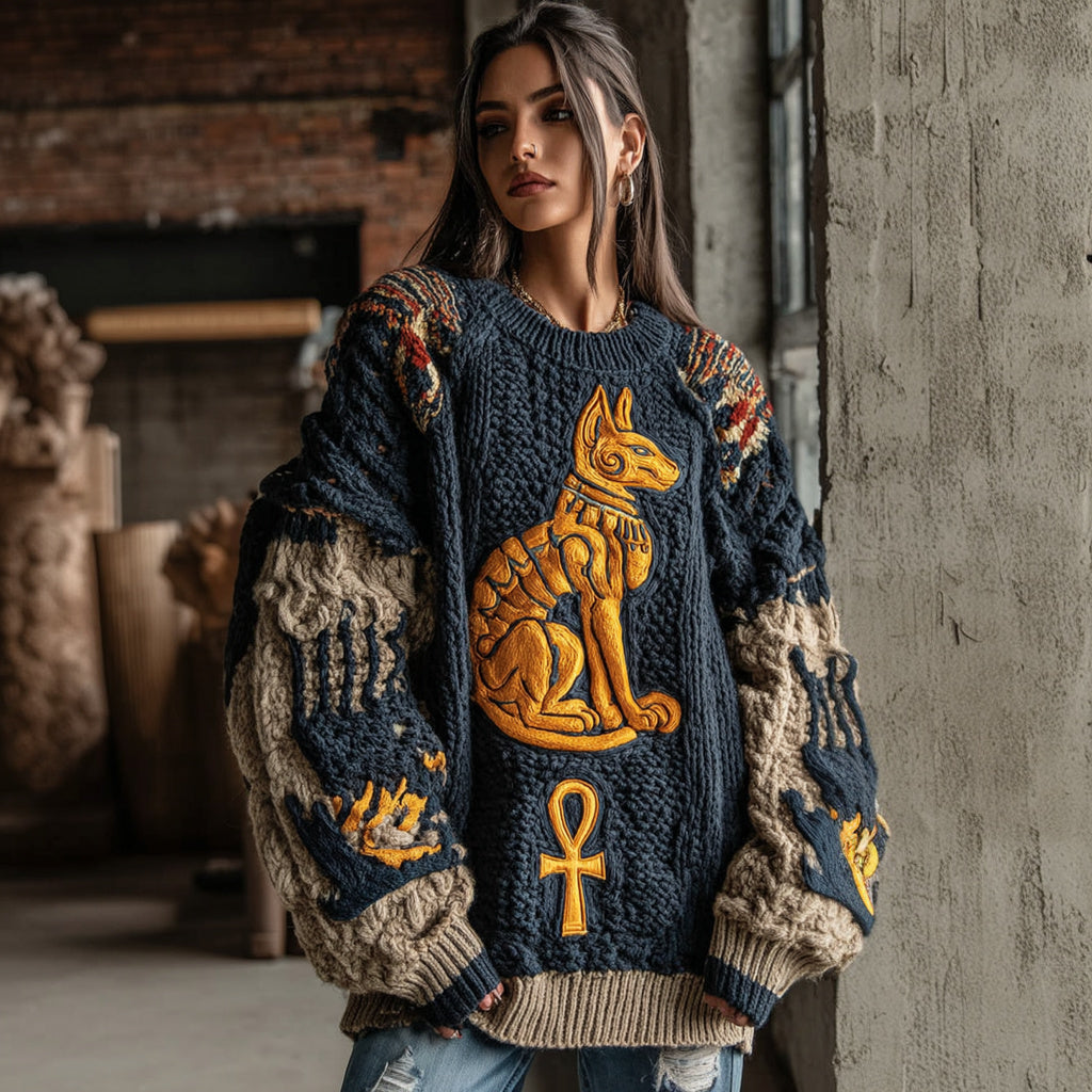 Comstylish Women's Vintage Ancient Egyptian Ankh Cat Pattern Knit Pullover Sweater