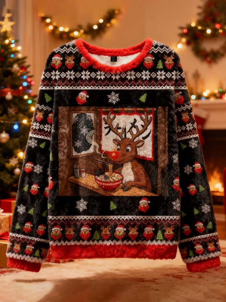 Comstylish Reindeer Eating Ramen Christmas Ugly Sweater
