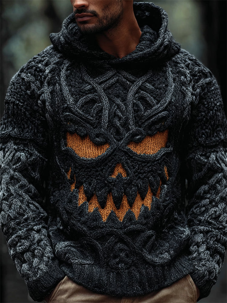 Men's Halloween Pumpkin Face Celtic Knot Chunky Hooded Sweater elevenforest