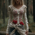 Comstylish Women's Halloween Skeleton Rose Bandage V-neck Sweater