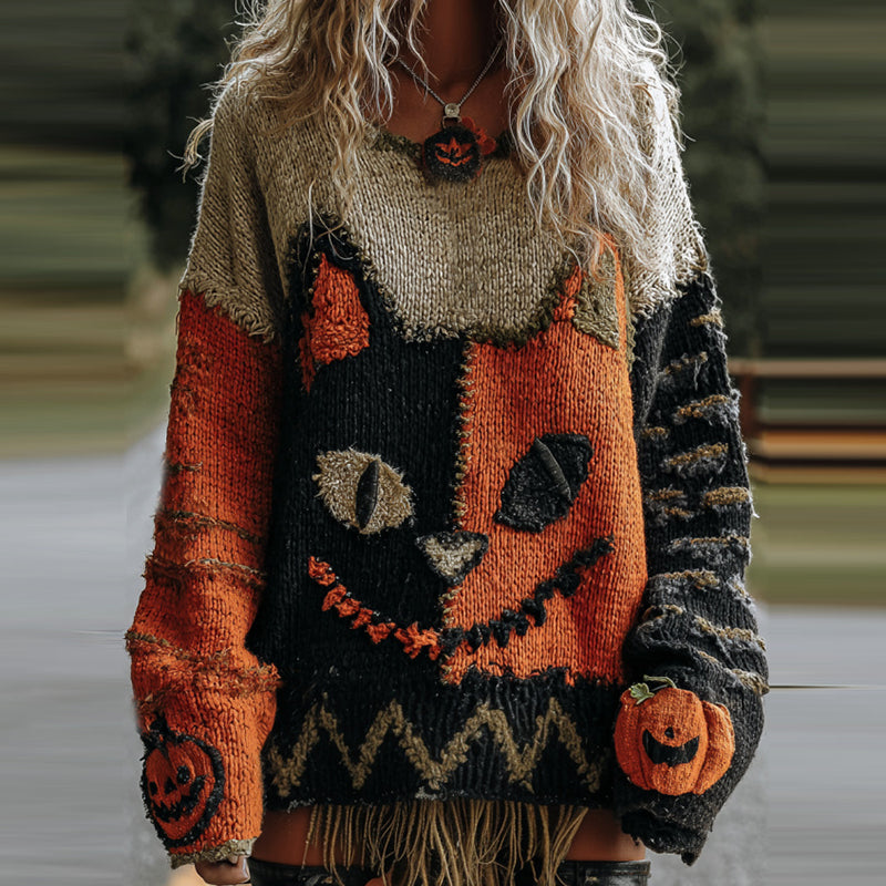 Halloween Cute Cat Face Art Cozy Knit Sweater