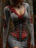 Comstylish Women's Vintage Halloween Skeleton & Rose Art Sweater Dress