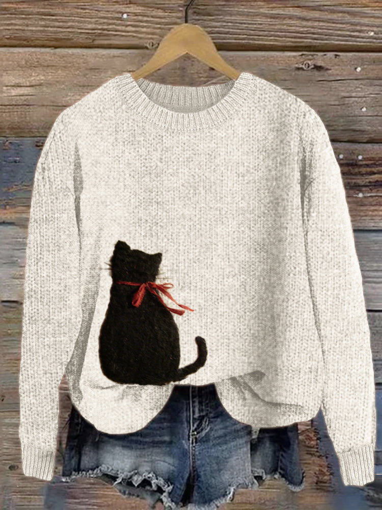Comstylish Black Cat With Bow Knot Back View Felt Cozy Sweater