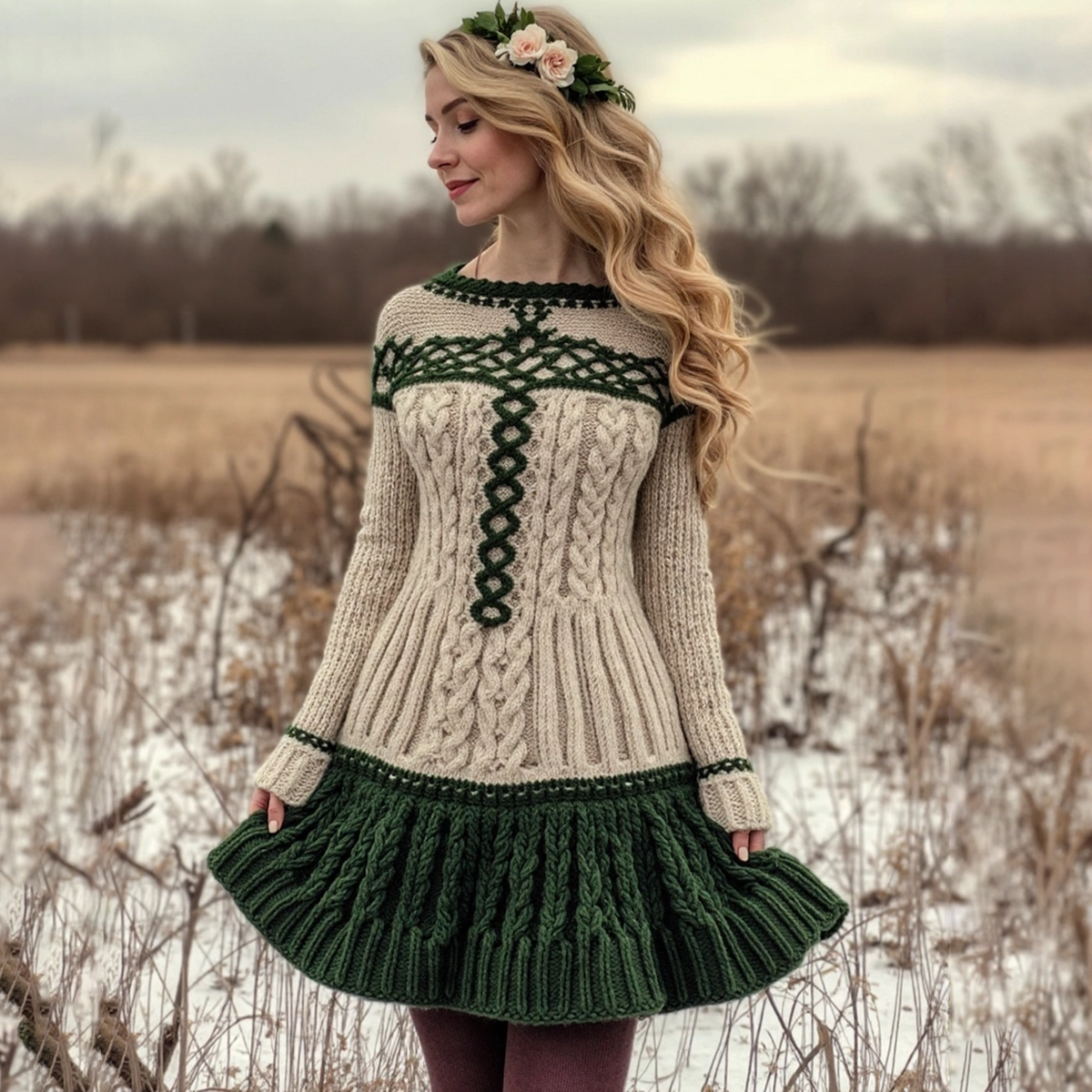 Women's Irish Celtic Knot Crew Neck Cozy Sweater Dress elevenforest