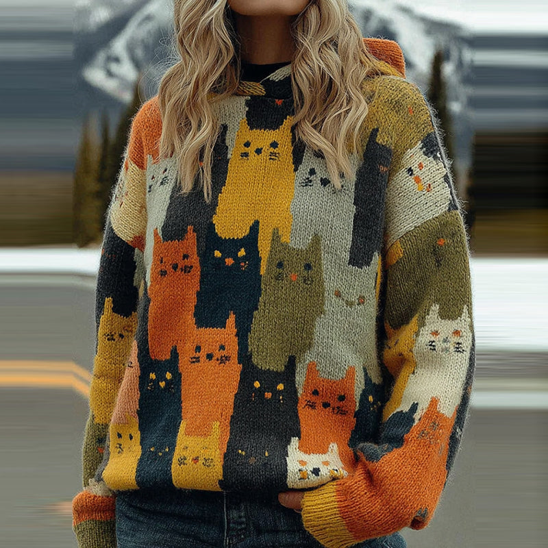 Cute Colorful Cats Pattern Art Cozy Knit Hooded Sweater artswardrobe