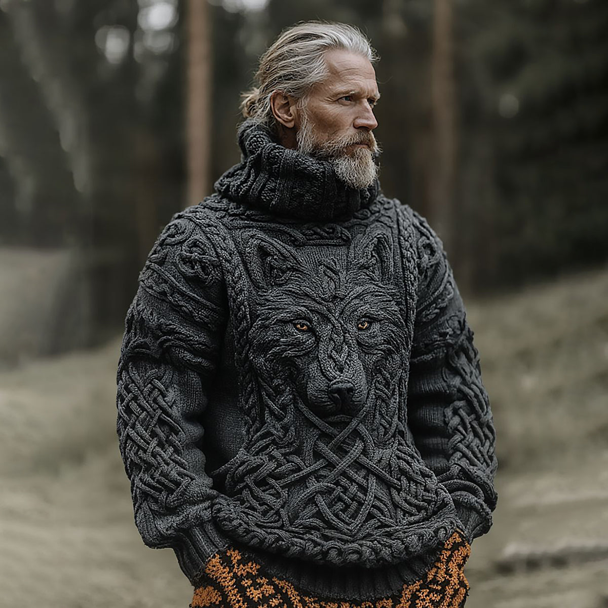 Men's Vintage Viking Wolf Pattern Knit Turtleneck Pullover Sweater elevenforest