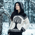 Women's Viking Tree Of Life Contrast Jacquard Cozy Knit Hooded Sweater artswardrobe