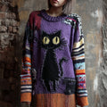 Halloween Black Cat Embroidered Patchwork Long Knitted Sweater artswardrobe