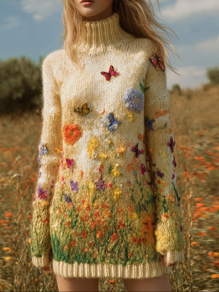 Comstylish Secret Garden Retro High Neck Knit Sweater Dress