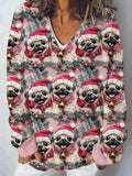 Comstylish Cute Christmas Pug Puppy Faux Embroidery Women's V-Neck Sweater