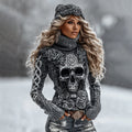 Women's Halloween Rose And Skull Inspired Chunky Knit Turtleneck Sweater artswardrobe