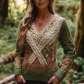 Vintage Gradient Celtic Knot Chunky V-neck Irish Aran Sweater artswardrobe