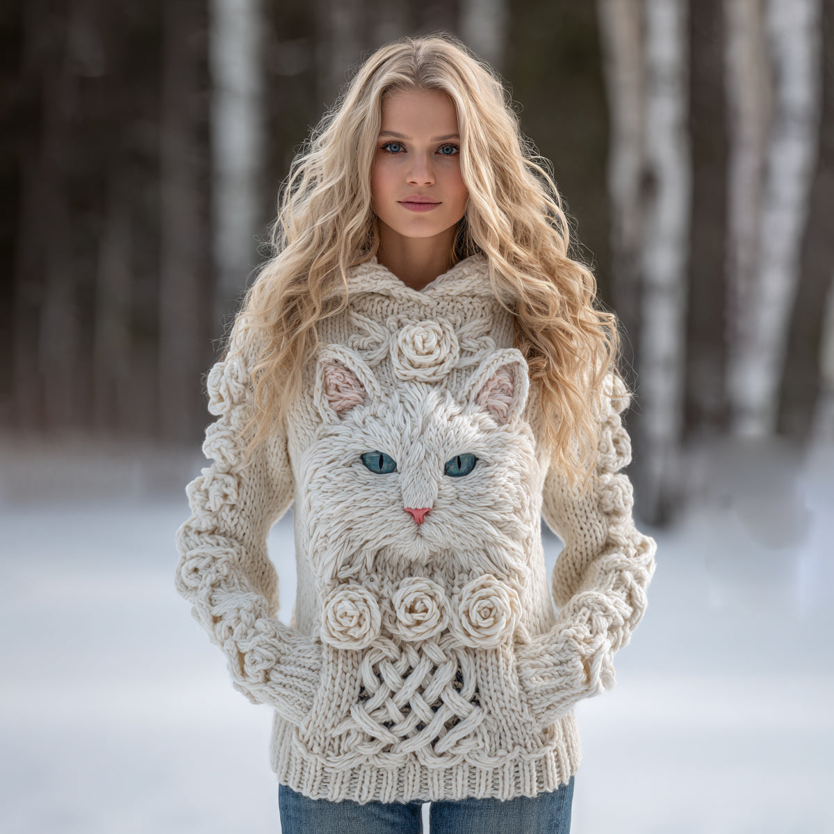 Comstylish Women's Vintage Cat And Roses Art Knitted Warm Cazy Hooded Sweater