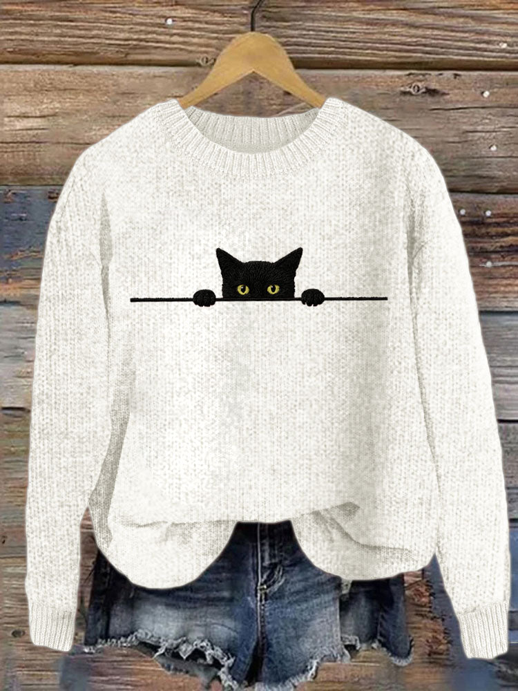 Women's Casual Funny Black Cat Print Sweater artswardrobe